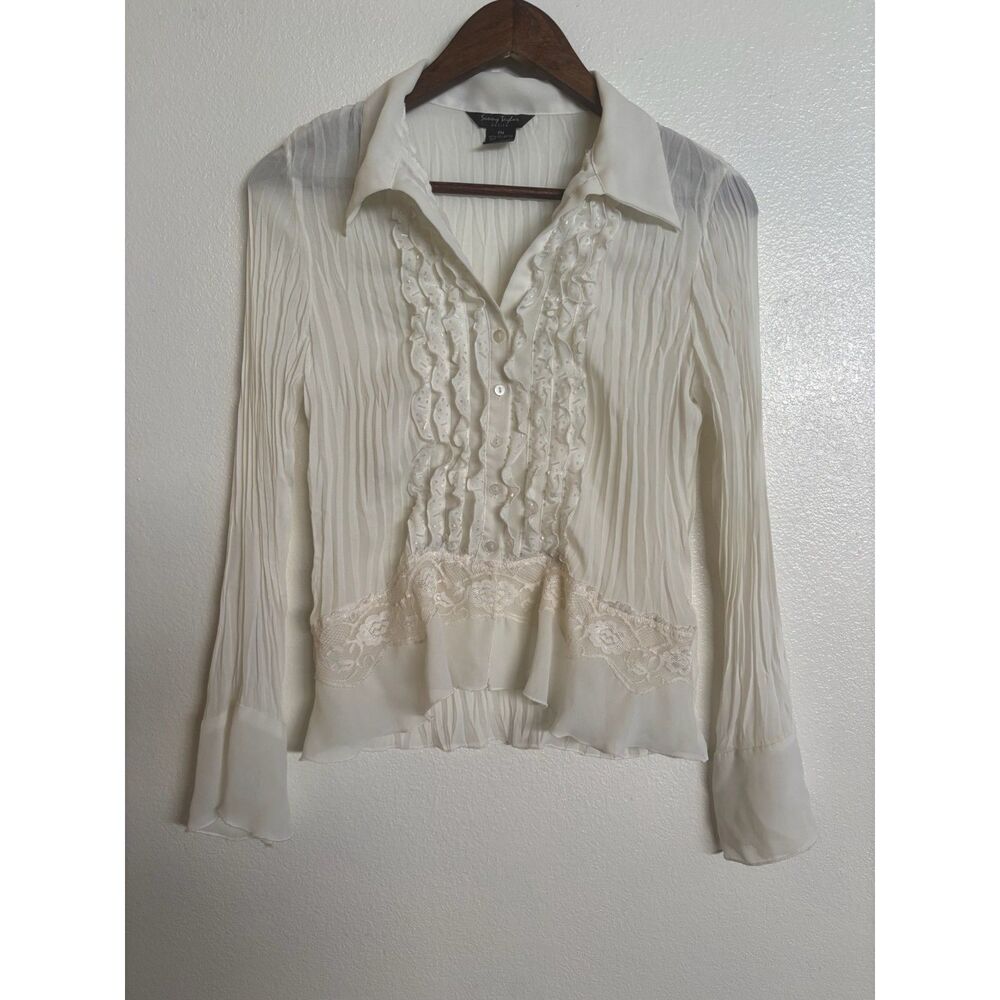 Women's Elegant Castle Core Dainty Sheer Ruffle Lace Blouse Size Medium